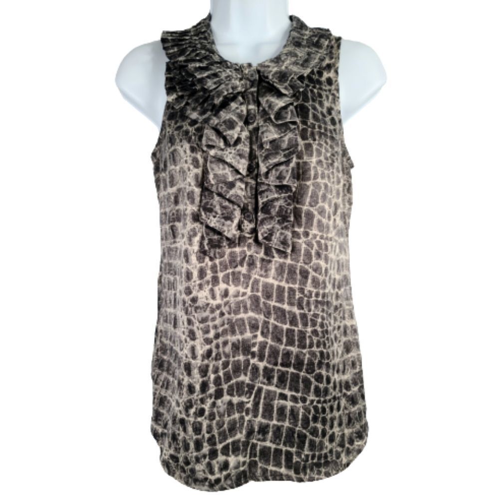 New York Company Blouse Gray Ruffle Neck Button
